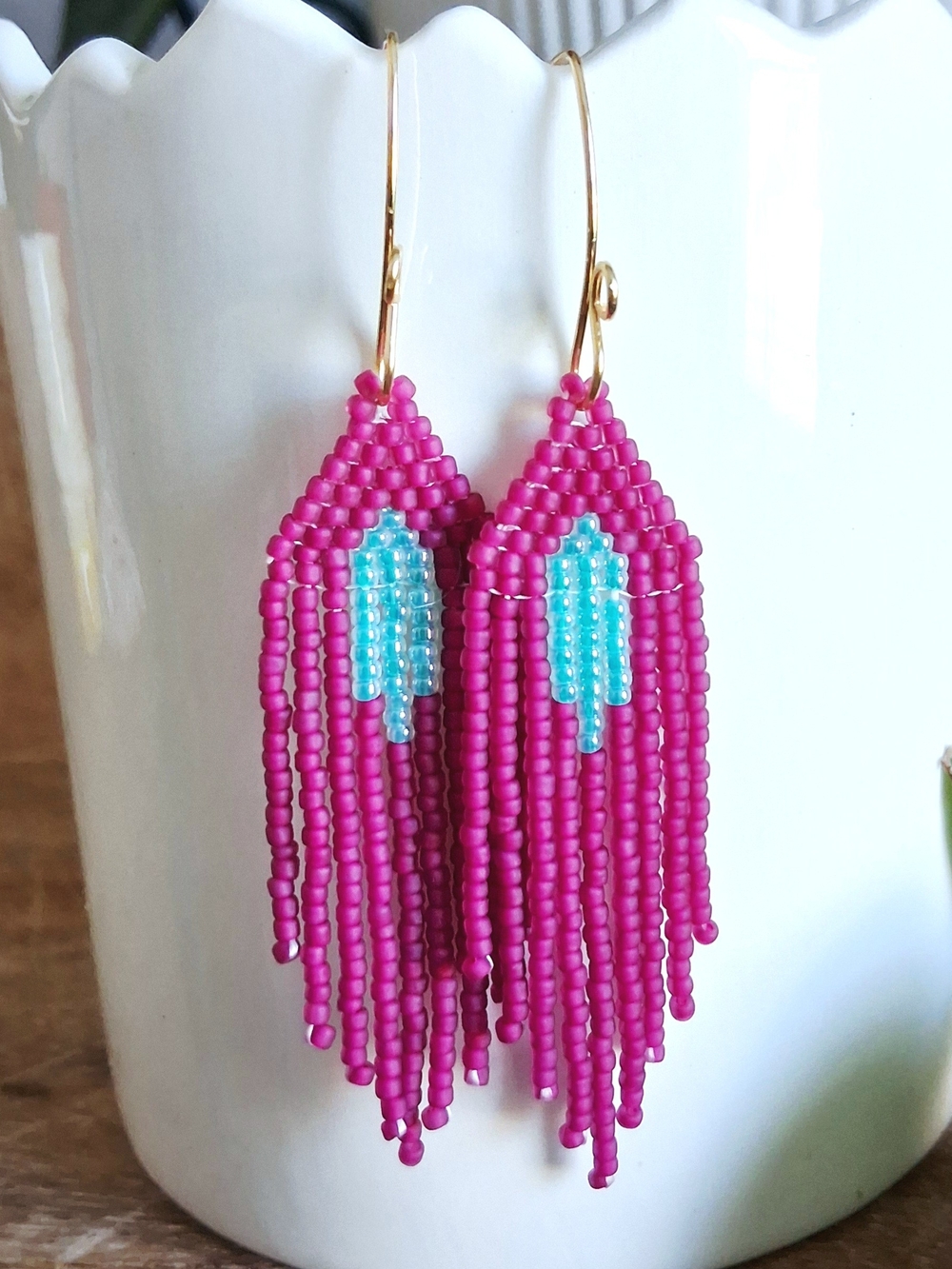 Vibrant Pink Beaded Fringe Earrings with Turquoise Accent
